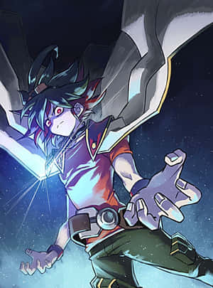 Yuya Sakaki som inntar en dynamisk positur i sin Duel Monsters-antrekk — Kindle Bakgrunner